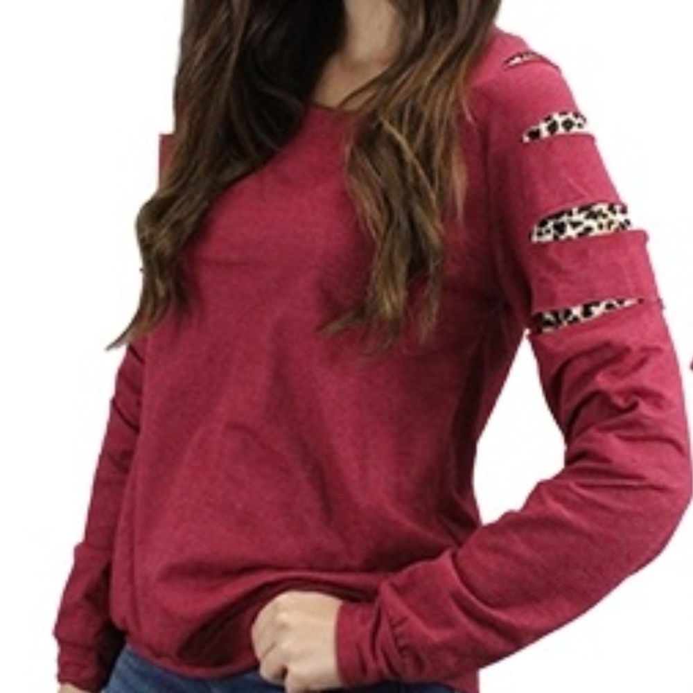 Burgundy w/ Leopard Cutouts Long Sleeve Tee